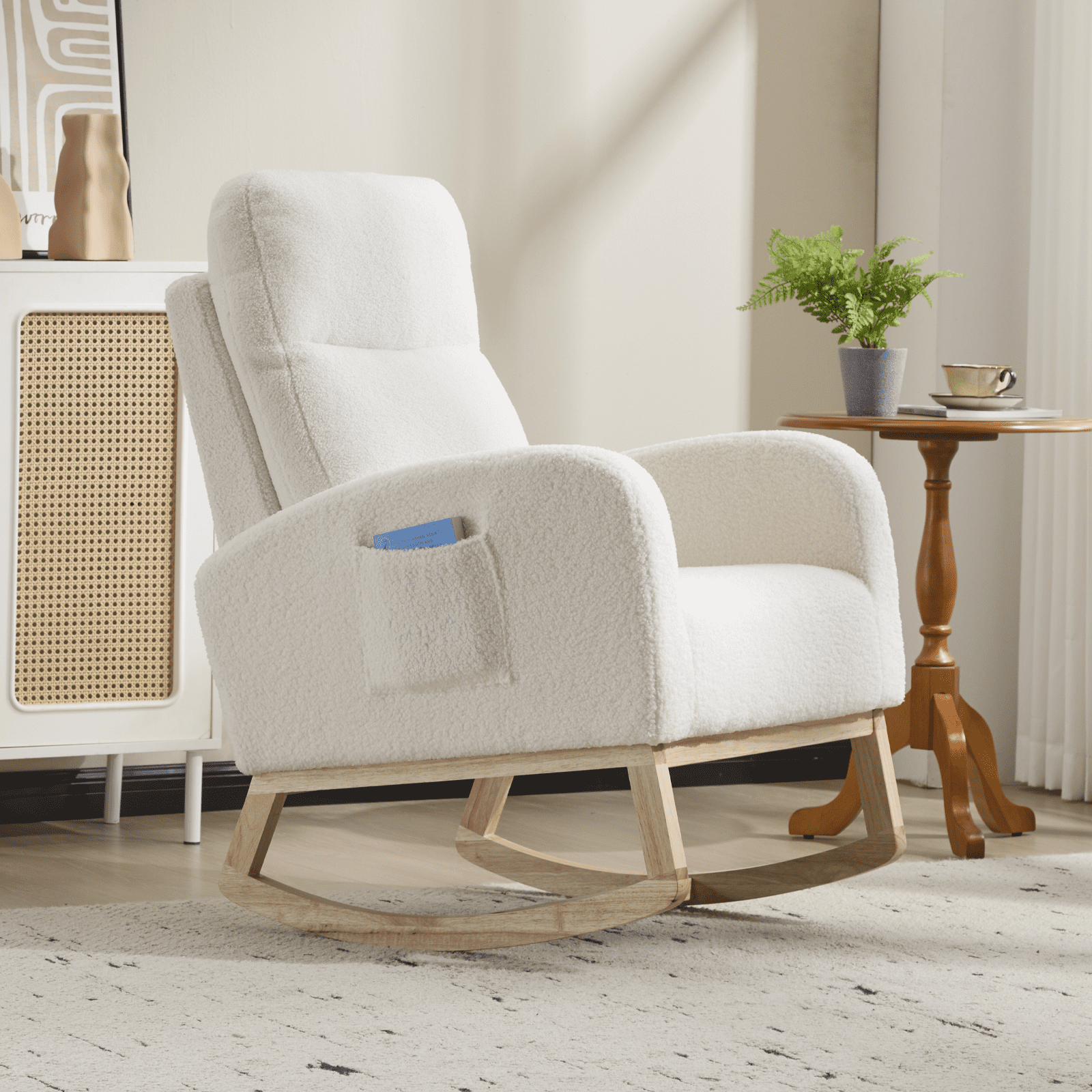 Modern Upholstered Nursery Glider Rocking Chair with Wood Legs, Comfortable High Back Armchair with Side Pocket, White
