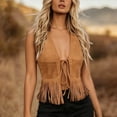 thumbnail image 2 of Wang6 Women's Boho Suede Fringe Top Sleeveless Tie Front Western Cowgirl Halter Cropped Tank Tops with Pockets 0617liBrown XL, 2 of 5