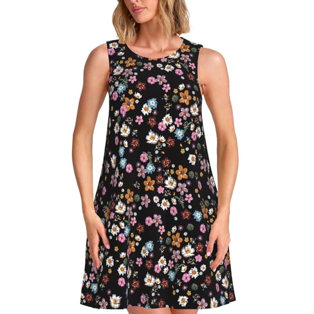 Fotbe Daisies Flowers Vestido de Verano sin Mangas para Mujer – Vestido Midi Línea A, Estilo Camiseta Floral, Vestido Playero Casual y Fluido