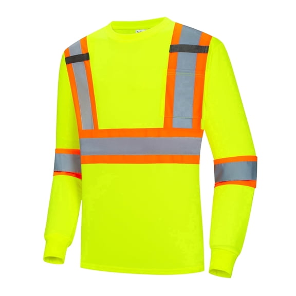 ProtectX High Vis Shirts, Class 2 Long Sleeve Work Shirts for Men & Women, Quick Dry Breathable Construction Safety Shirts with Reflective Strips and Pocket, Green L