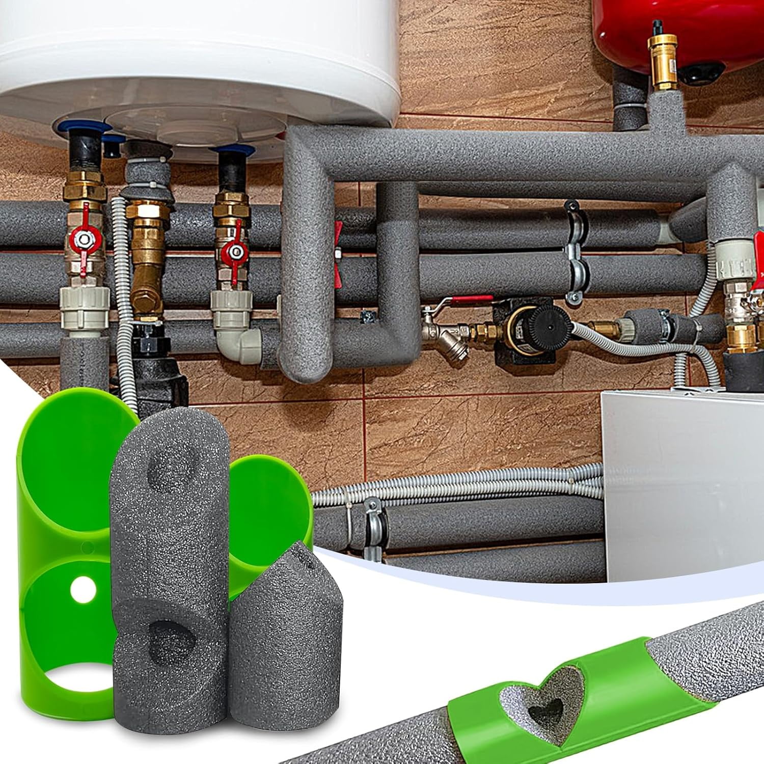 6PCS Pipe Insulation Cutting Guide， Molded Foam Cutter Tool with 15MM-53MM Fixture for Home/Industrial/Commercial Plumbing + Bonus 59" Tape Measure (Green) -