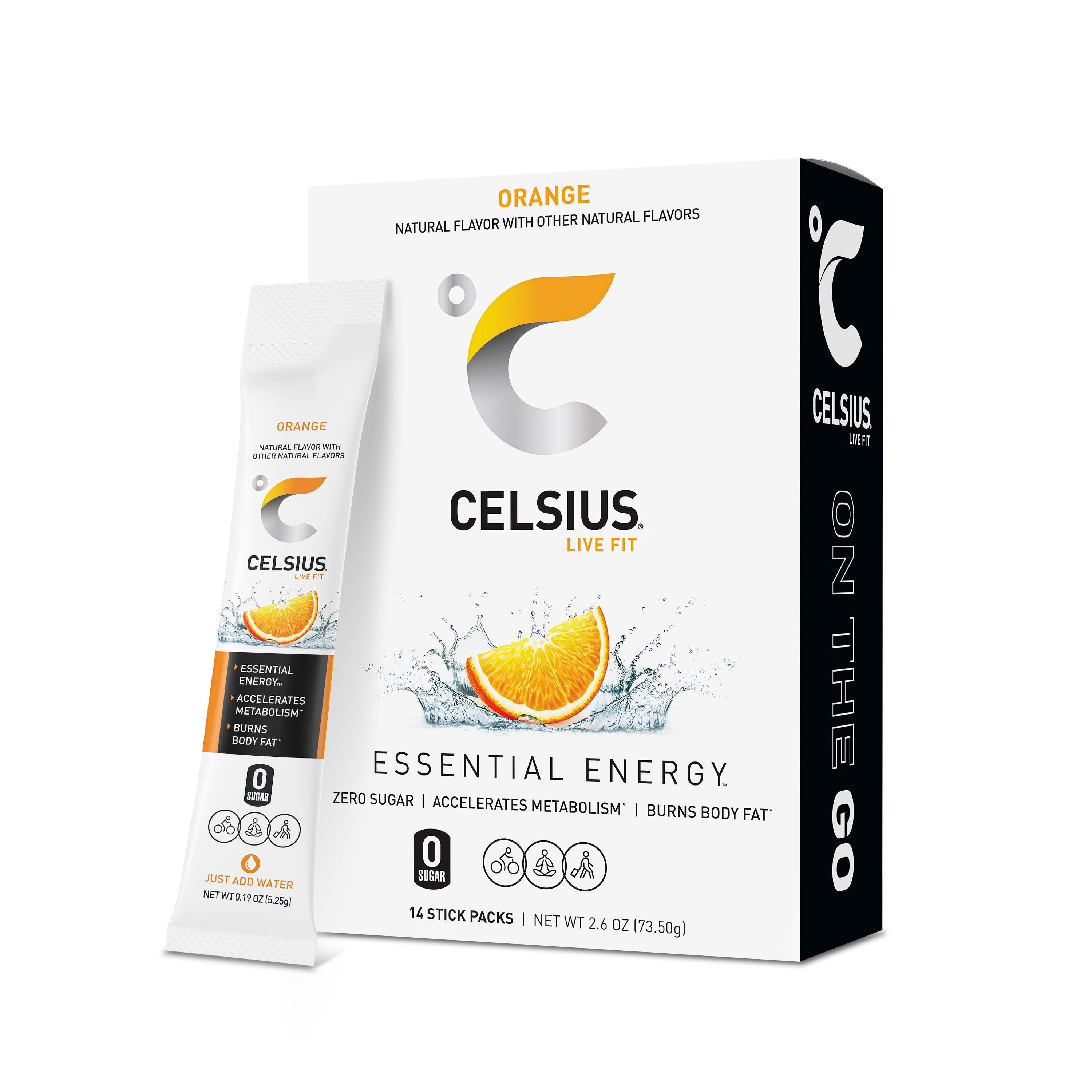 (3 pack) CELSIUS On The Go Energy Drink Mix, Orange (14 Stick Pack)