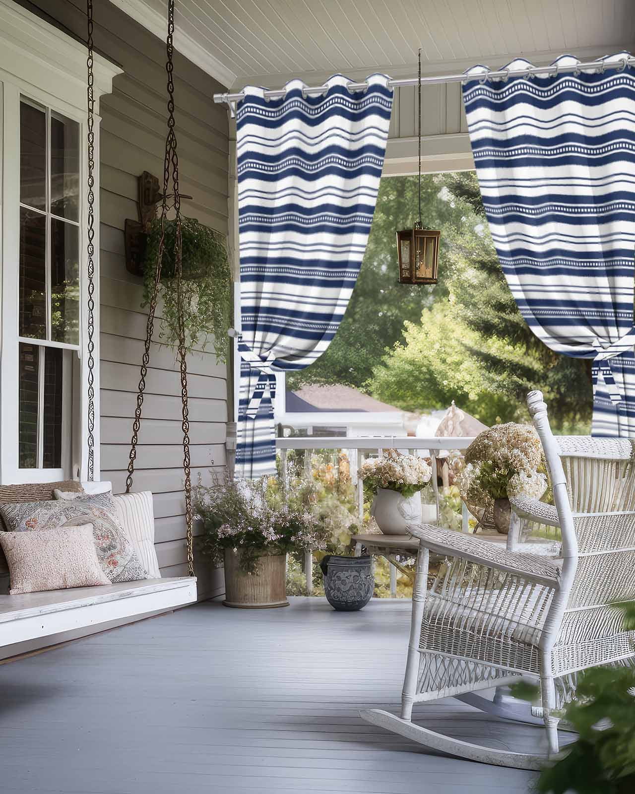 nqOlkjepod Outdoor Curtains for Patio Waterproof, Navy Blue Striped Outdoor Privacy Panels Grommet, Farmhouse Striped Geometric Art Blackout Outside Curtains for Porch/Cabana 54"x108", 1 Panel
