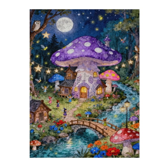 Enchanted Forest Fairy Village Wooden Jigsaw Puzzle 500 Piece Vibrant Night Scene Puzzle for Adults Challenging Relaxing Leisure Decorative Brain Activity Home Decor