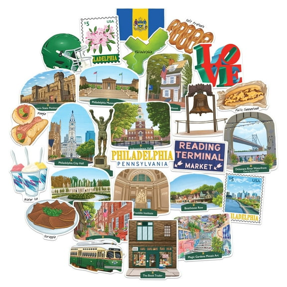 Navy Peony Artistic Philadelphia Travel Stickers (28pcs) -For Scrapbooks, Journals, Laptop
