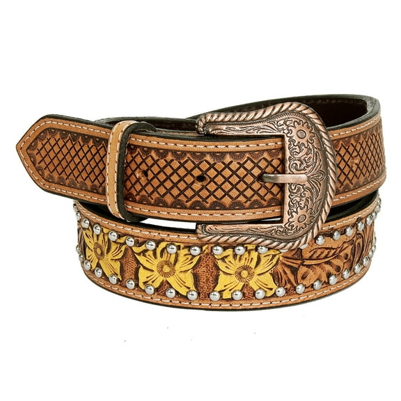 BE BAR H EQUINE Daffodil Floral Hand Painted Western Fashion Premium Leather Men And Women Belt Tan