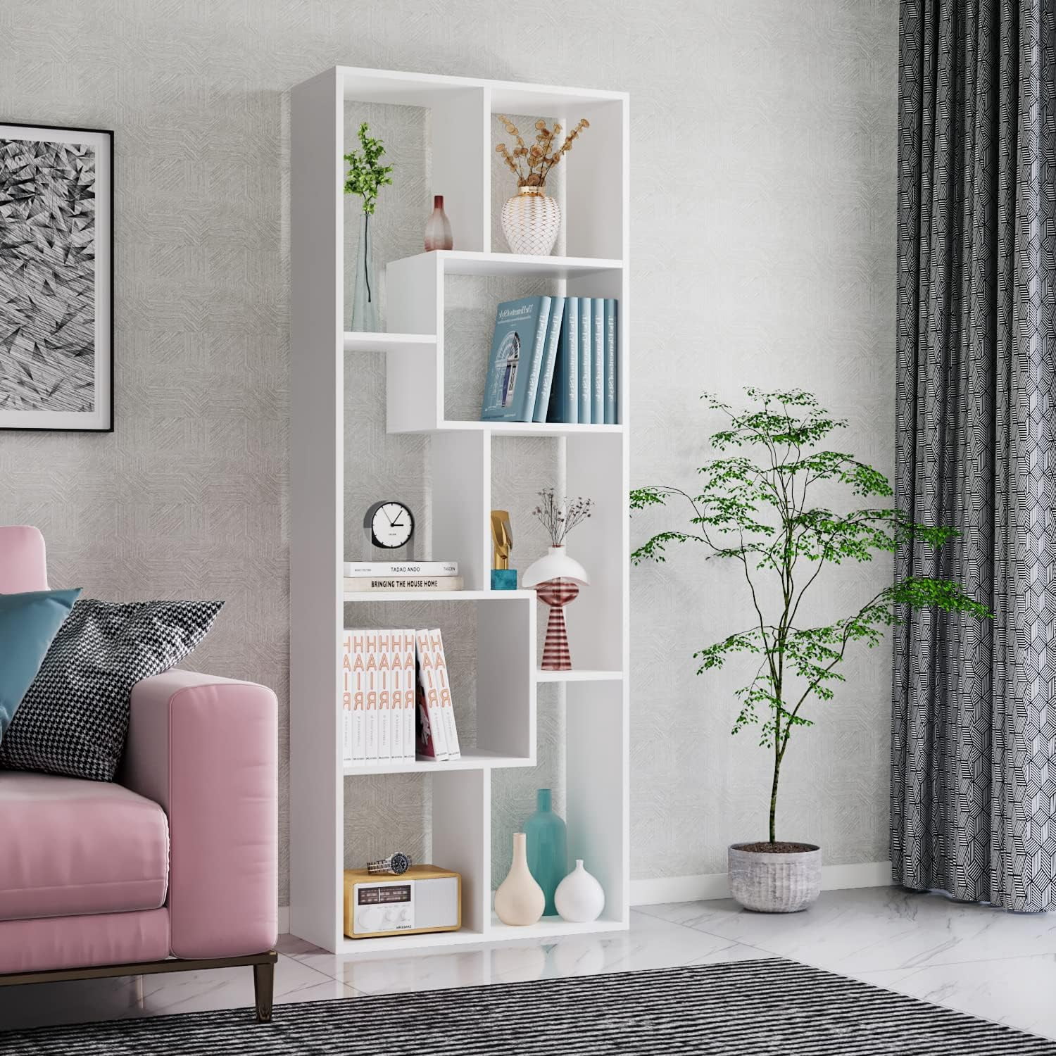 Asymmetrical 5-Tier Display Shelf & Bookcase, Tall Geometric Cube Bookcase with Open Shelves, Modern Storage Cabinet for Living Room, Home Office, White