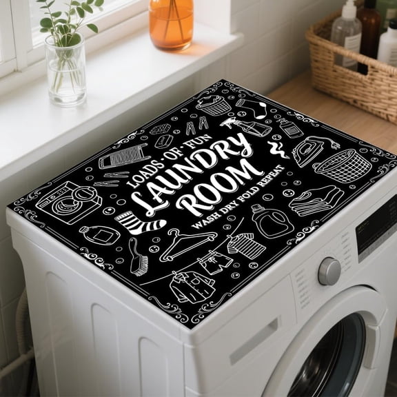 Black Funny Laundry Room Washer Dryer Dust Cover Mat 23.6x19.7inch Laundry-themed Elements Washing Machine Top Protector Pads