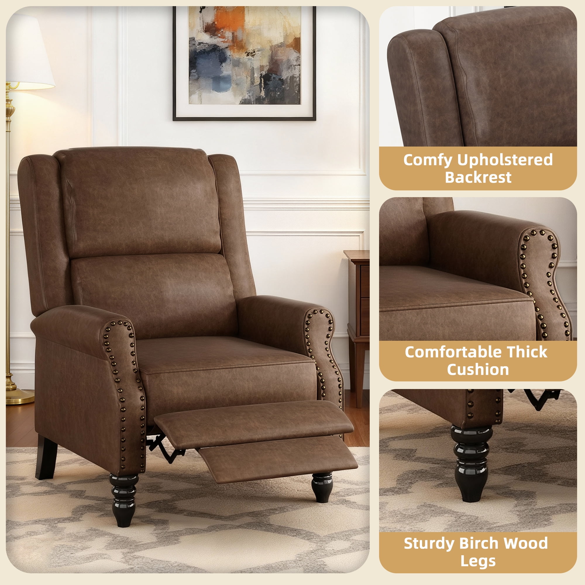 MAYEERTY Coffee Faux Leather Pushback Recliner Chair, Ergonomic Design for Living Room, Bedroom & RV