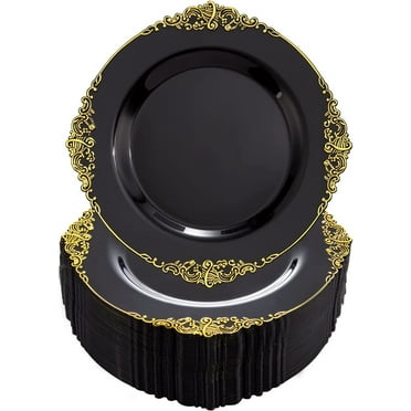 100PCS Black and Gold Plastic Plates - 10.25Inch Black Disposable Plates - Black Plastic Dinner Plates for Wedding & Parties & New Year