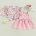 thumbnail image 2 of Infant Baby Girls Outfits Long Sleeve Ruffle Knit Heart Print Romper+ Suspender Skirt Overall Dress Set Light Pink 6-9 Months, 2 of 8