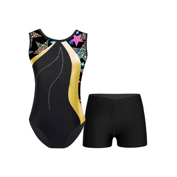 Fldy Kids Girls Shiny Gymnastics Leotards with Shorts Set Ballet Dance Unitard Outfits Dancewear Yellow 9-10