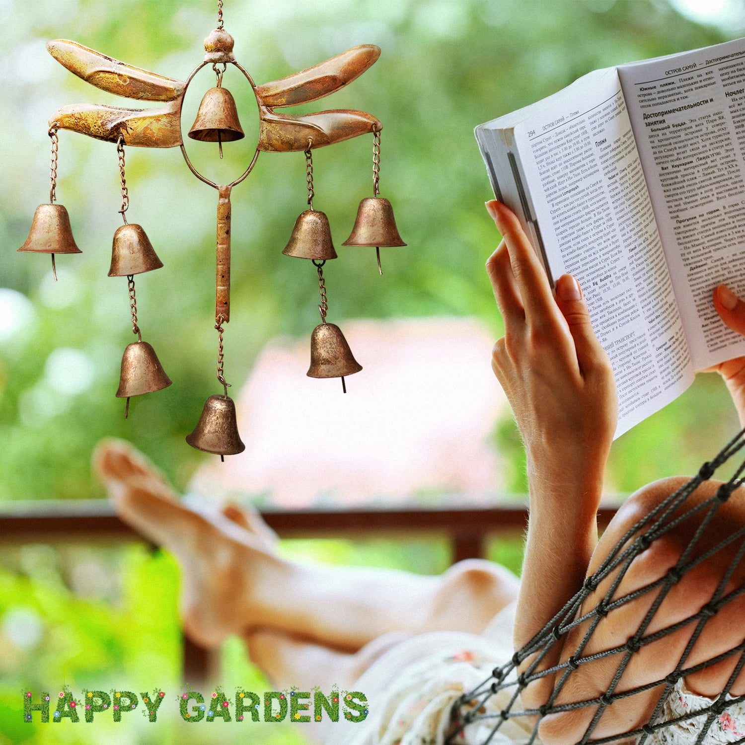 Happy Gardens Handcrafted Dragonfly Steel Wind Chimes with 8 Bells (Flamed Finish) Outdoor Metal Hook Hanging Decor for Outside Back Yard