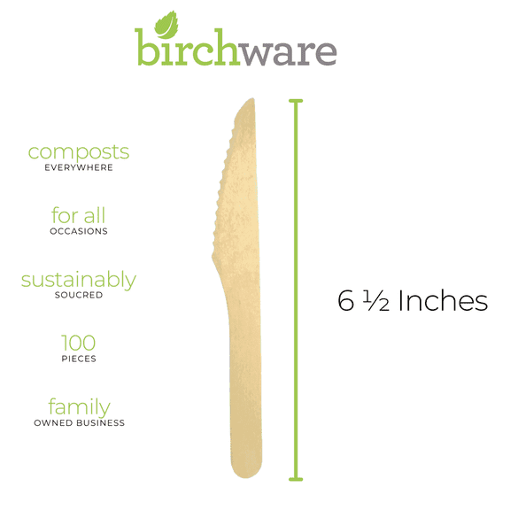 Birchware Compostable Wooden Disposable Knives, 100 Count