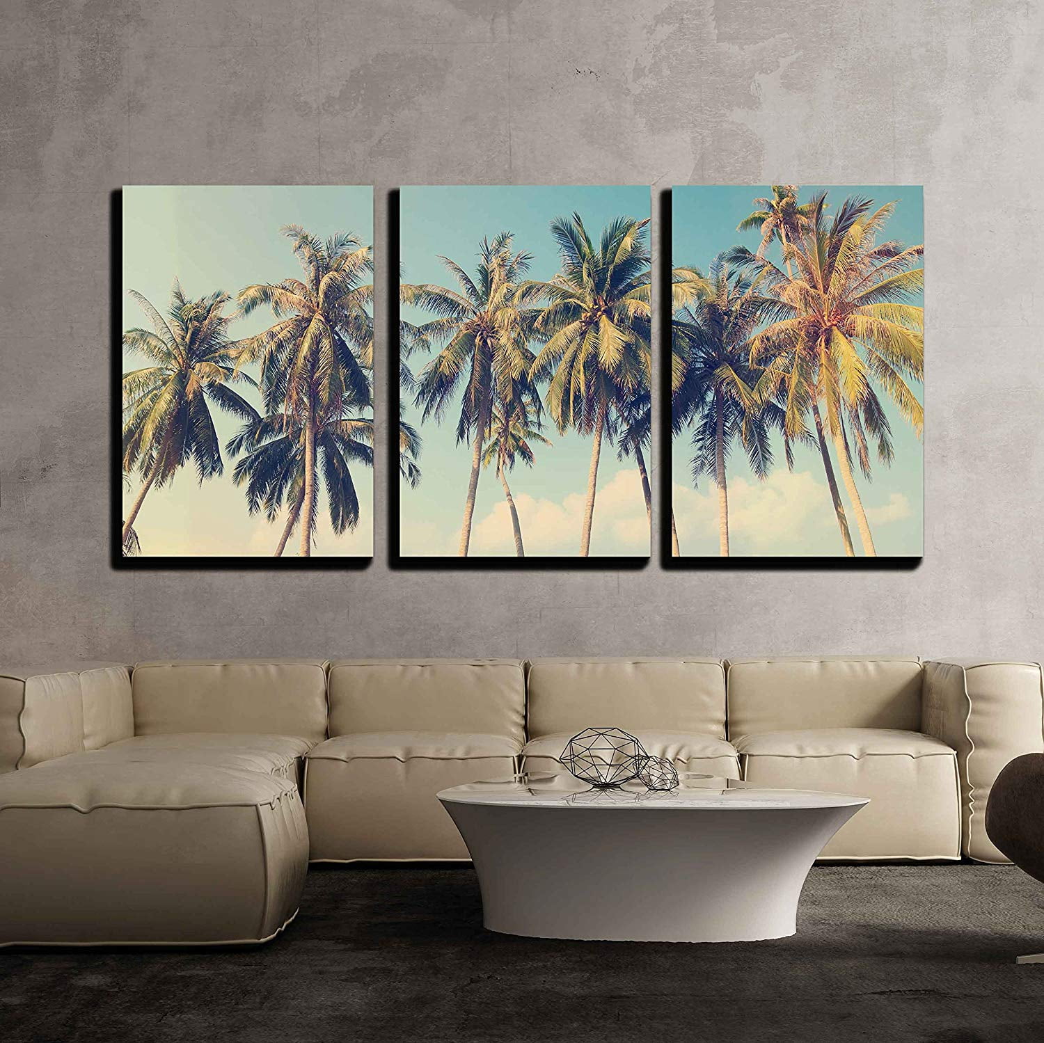 Wall26 3 Piece Canvas Wall Art - Vintage Tropical Palm Trees on a Beach -  Modern Home Decor Stretched and Framed Ready to Hang - 16