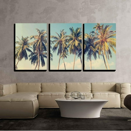 wall26 - 3 Piece Canvas Wall Art - Vintage Tropical Palm Trees on a Beach - Modern Home Decor Stretched and Framed Ready to Hang - 24