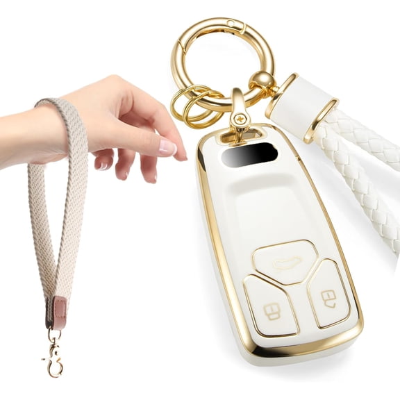 Key Fob Cover Compatible with Fit for Audi A4 A5 A6 Q3 Q5 Q7 R8 RS4 S4 TTS, Lanyard Upgraded Soft Key Case Key Fob Shell Gold Edge Keychain Case Holder Protector,1