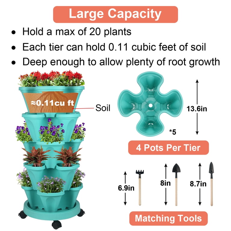 Gamexcel 5-Tier Stackable Vertical Garden Planter, Teal photo 7