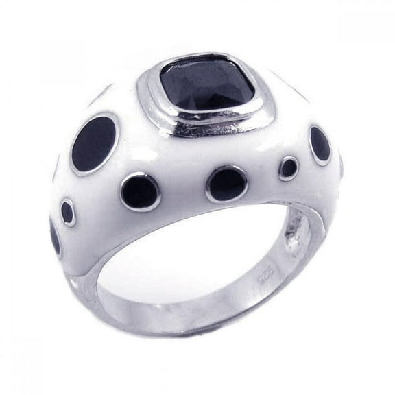 Rhodium Plated Sterling Silver 925 Black & White Enamel Black CZ Ring Jewelry Female Size 6