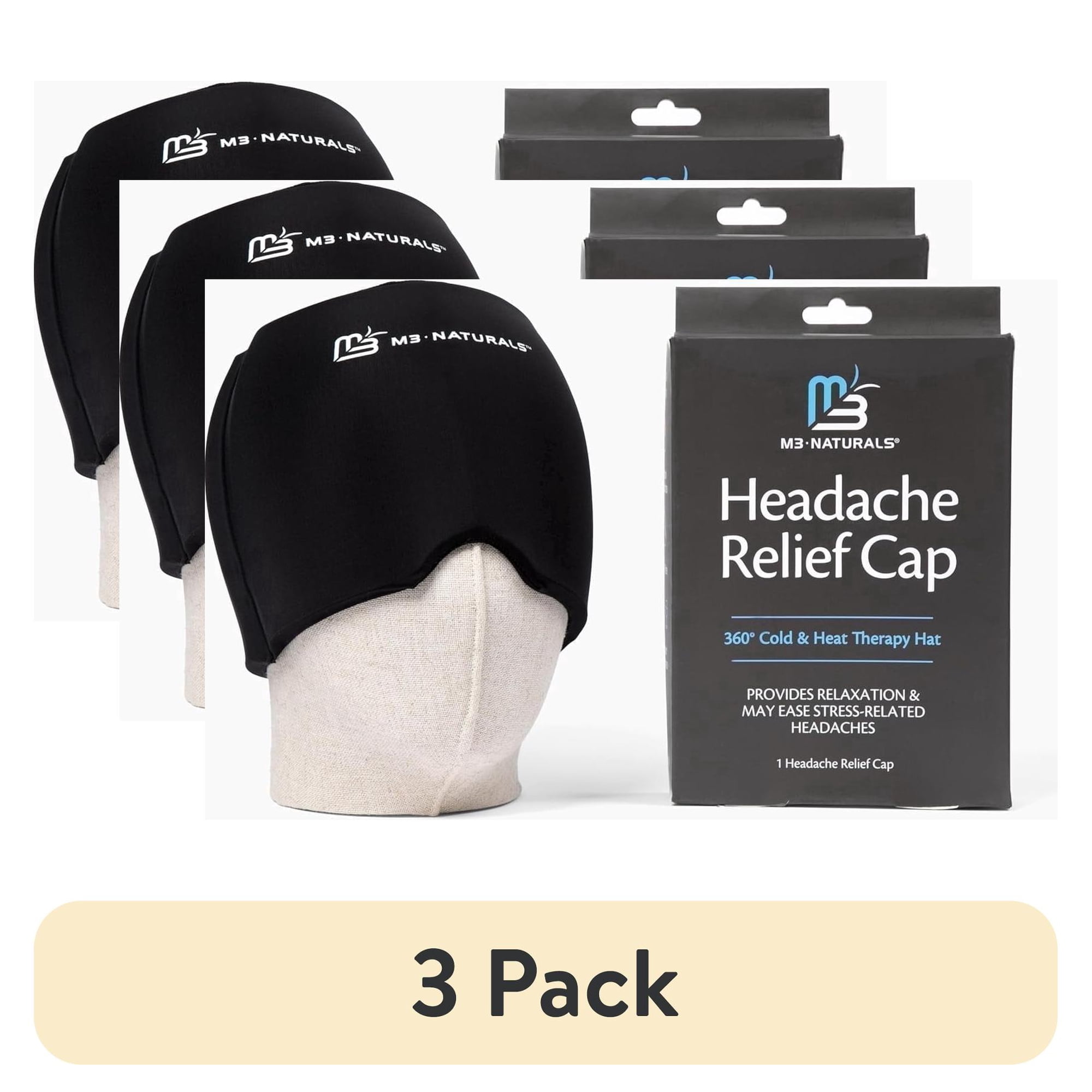 (3 pack) M3 Migraine Relief Cap, Headache Relief Cap with 360° Cold & Heat Therapy, Black, 1 Count