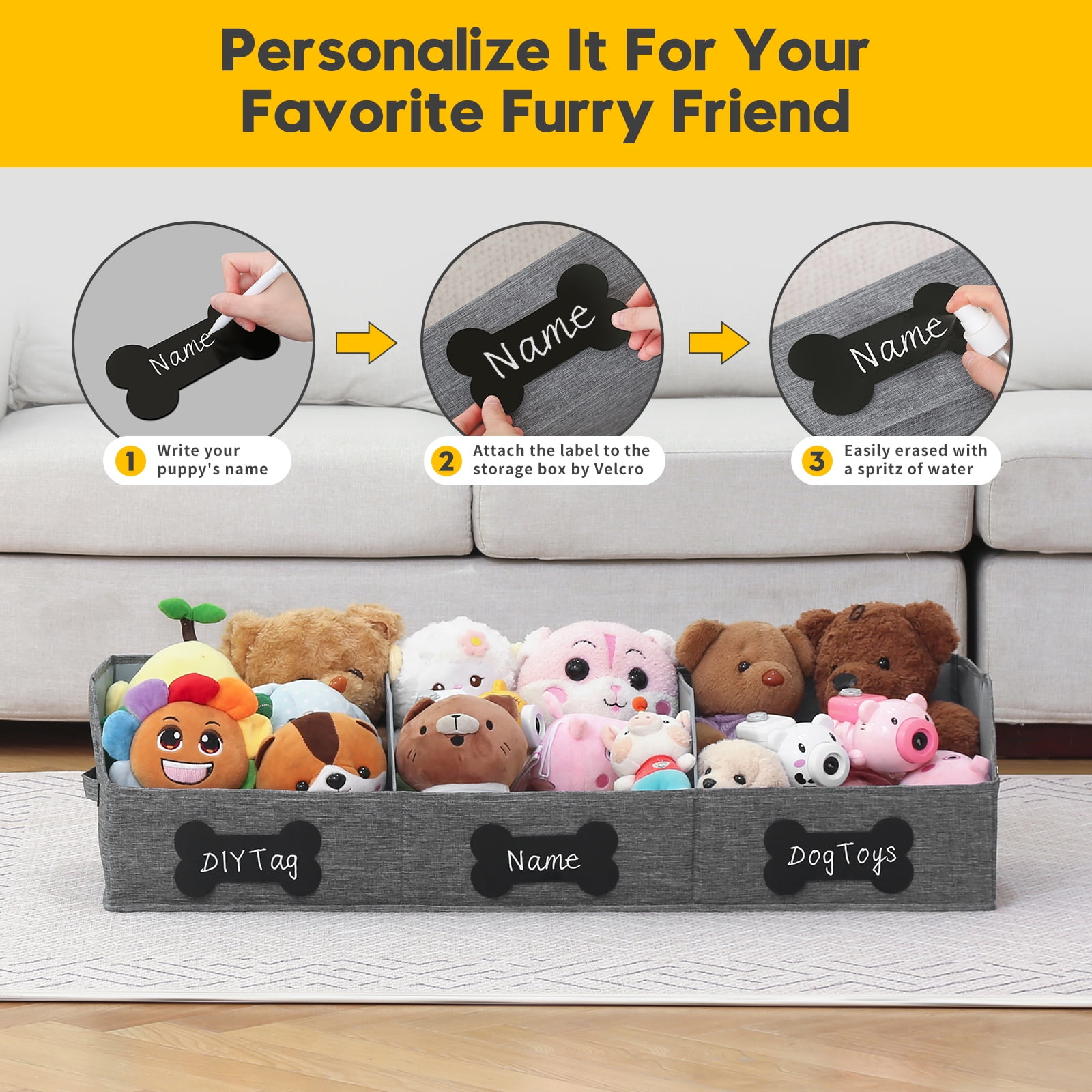 Qozary Large Dog Toy Basket with Diy Tag - Collapsible Dog Toy Bin, Fabric Personalized Dog Toy Box, Trapezoid Dog Toy Storage and Organizer for Pet Supplies-Can Write Your dog's Name On the DIY Tag