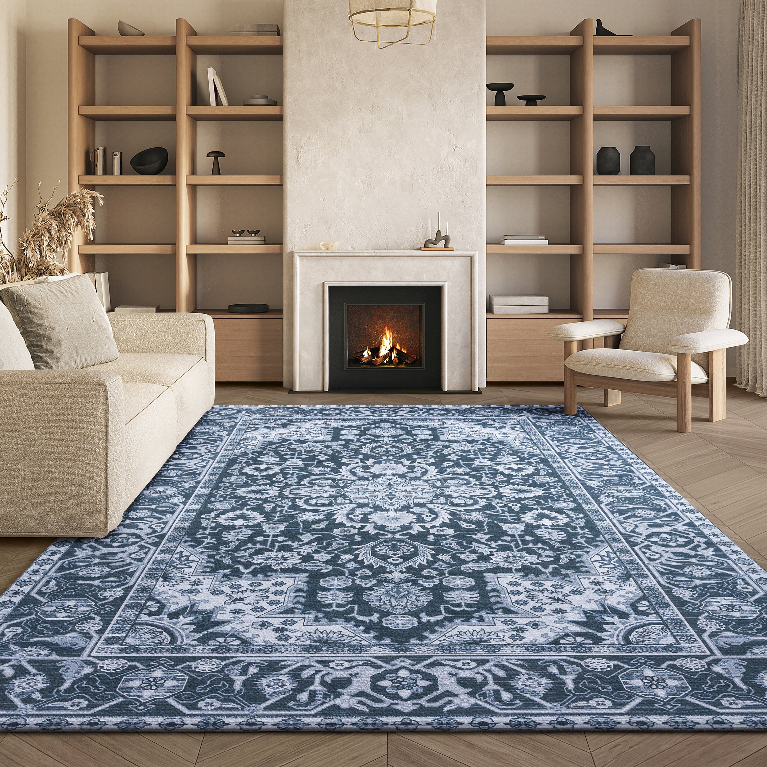 SAFAVIEH Tucson Brooke Traditional Machine Washable Area Rug, 4' x 6', Black/Beige