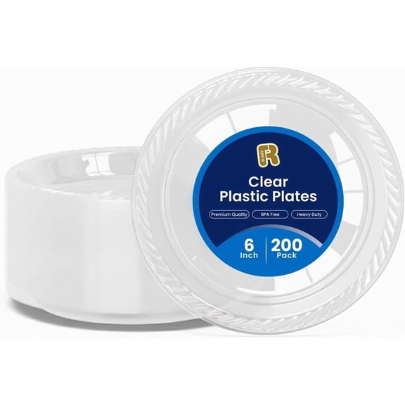 200 Pack, 6 Inch Clear Plastic Plates - Heavy Duty Small Dessert Plates - Microwavable Small Appetizer Plates