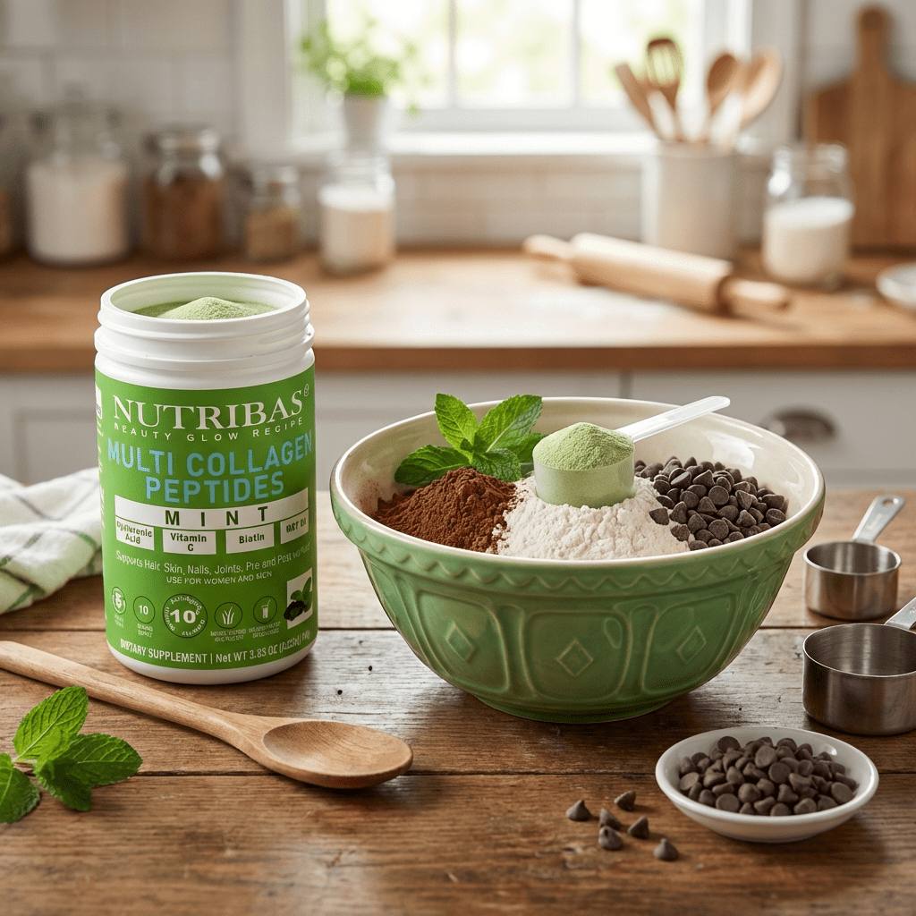 Nutribas Protein Multi Collagen Peptides Powder Whole Body Support Formula With MCT, Vitamin C, Biotin & Hyaluronic Acid , Vanilla Chocolate Mint, 11 oz