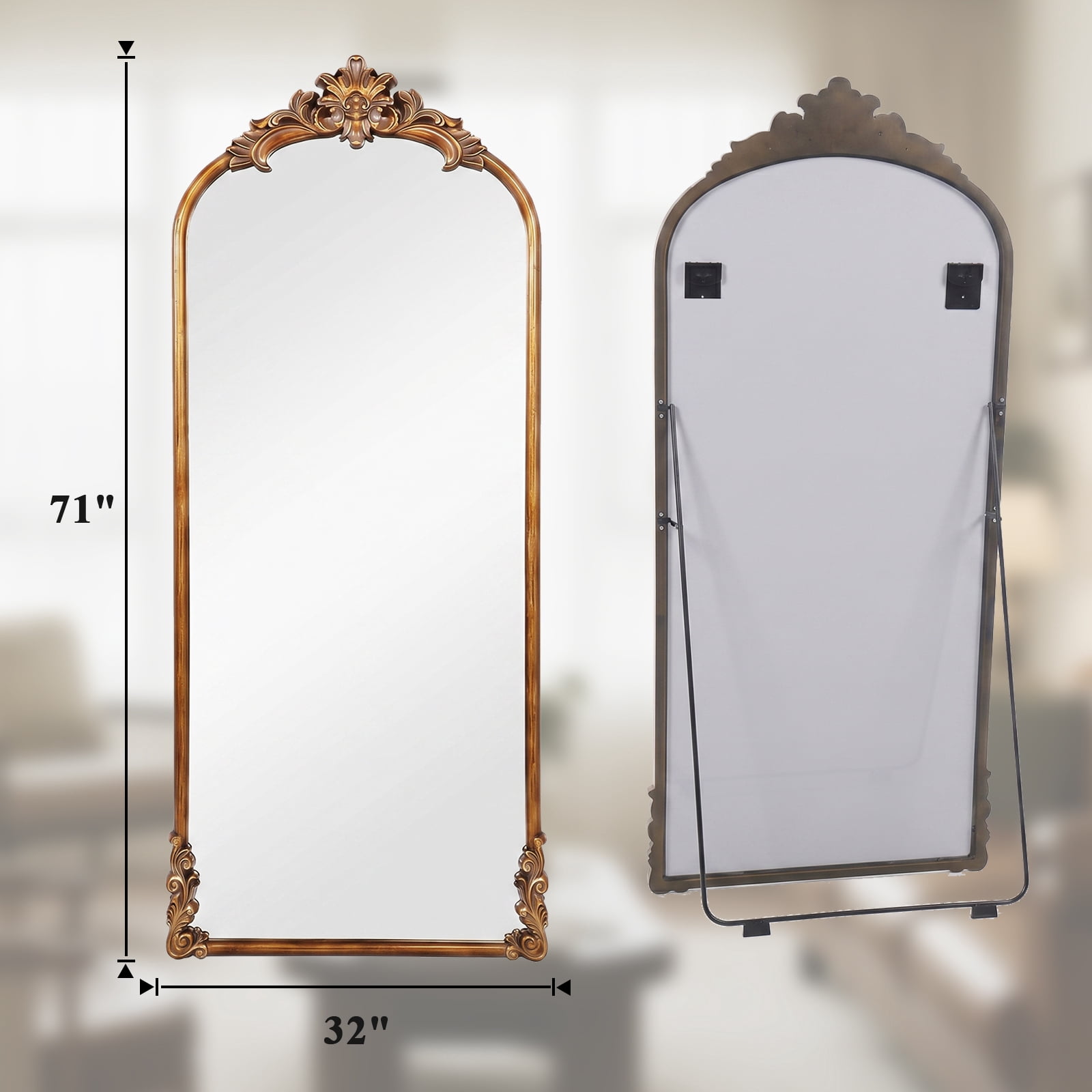 Easy4Home 71"x32" Arched Full-Length Floor Mirror Smooth Arch Top Floral Crest Standing Mirror, Antique Gold