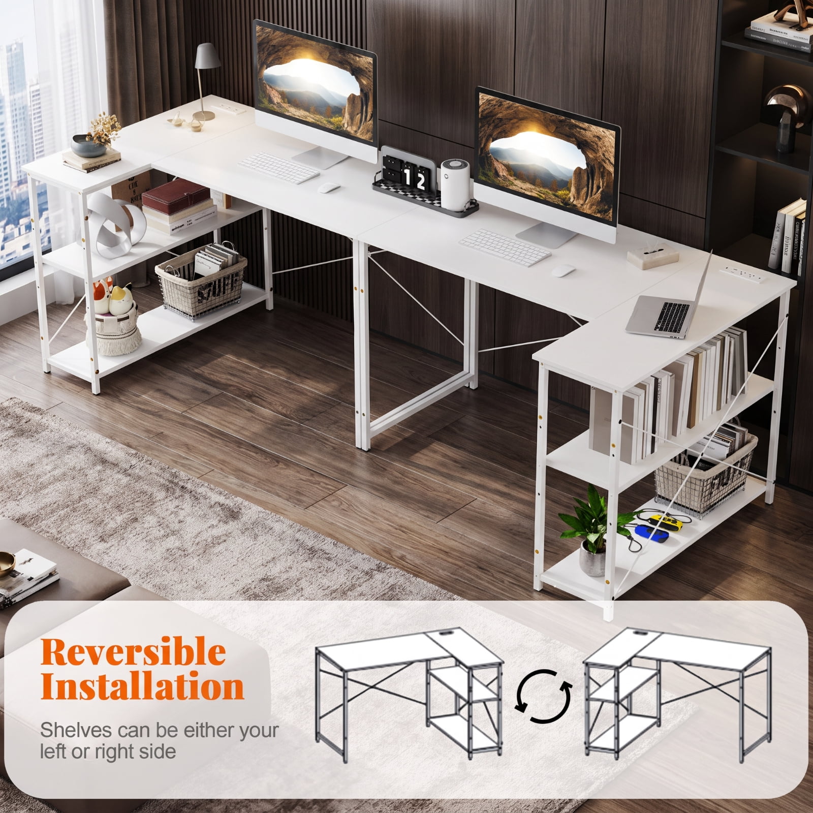 Furnibear 47 Inch L Shaped Corner Desk with Charging Station and Reversible Design with Adjustable Storage Shelves and USB Ports, White