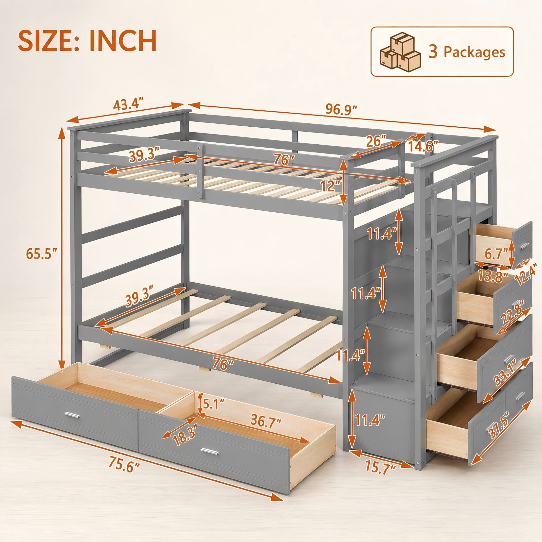 Aukfa Twin over Twin Bunk Bed with 7 Storage Drawers, Wood Bunk Bed with Staircase, Space Saving Design for Kids Bedroom, Gray