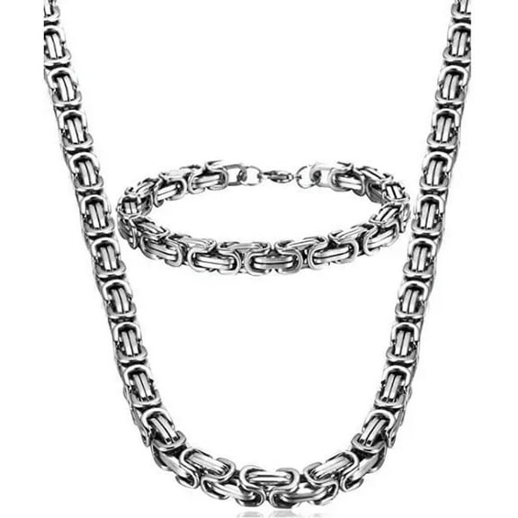 HOOUN Silver Stainless Steel Male Chain Necklace Mens Bracelet Jewelry Set 8mm Wide