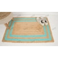thumbnail image 4 of Rectangle Rug Natural Jute Rug Hand Braided Beige and Turquoise Color Stripes Line Area Rug, 4 of 5
