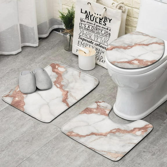 White Marble Rose Gold Line Pattern Bathroom Rugs Sets 3 Piece,Toilet Cover Set,Absorbent Non Slip Bathroom Mats Sets with U-Shaped Contour Rug Toilet Rug Set