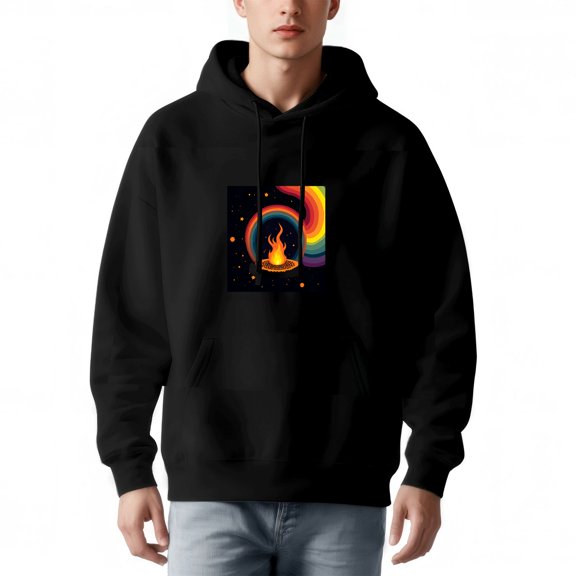 Men's Long Sleeve Hoodie Pullover with Pockets - Colorful Rainbow Campfire Graphic on Dark Background Relaxed Fit Drawstrings