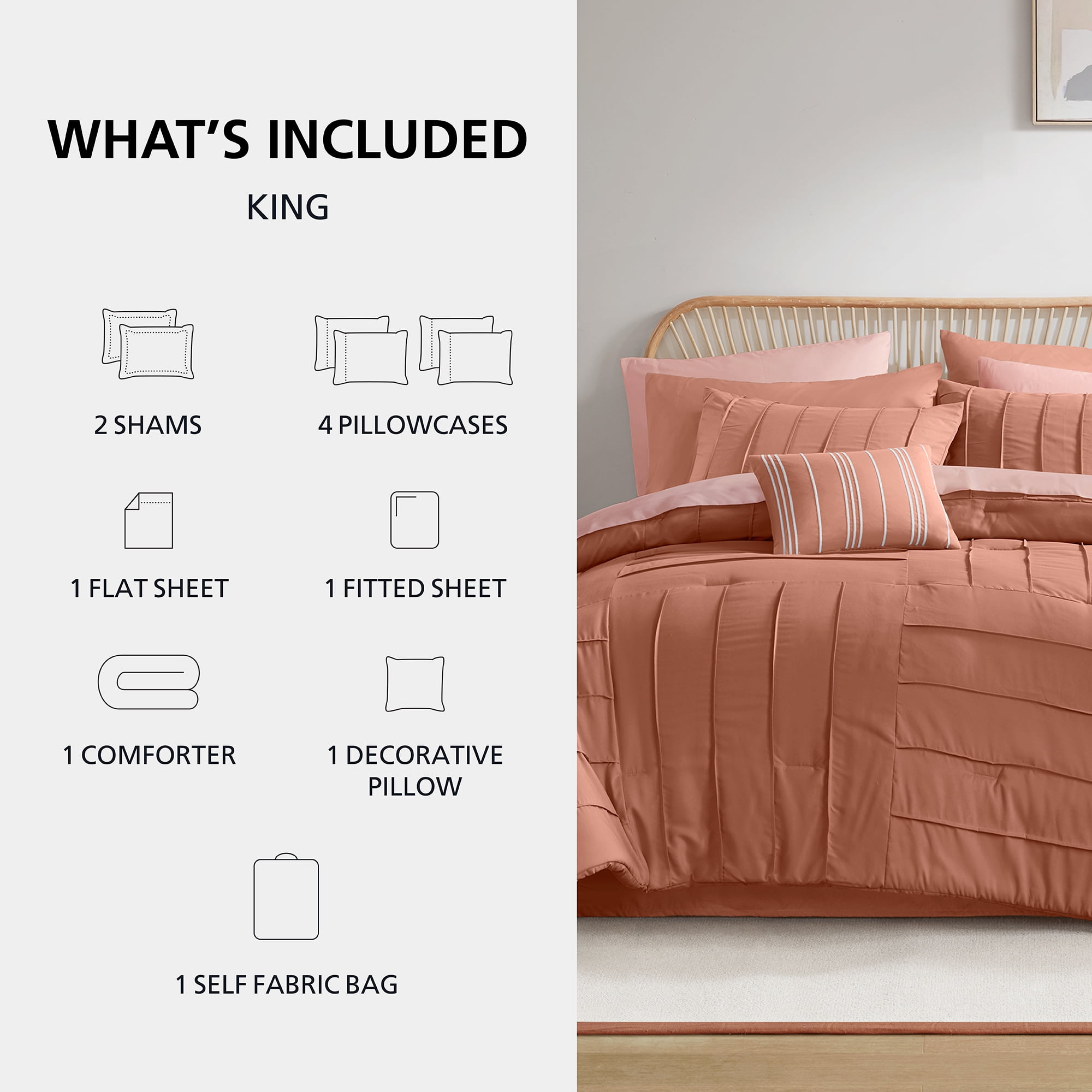 Mainstays All in One Reversible Comforter and Sheet set- 11 Piece, King, Terracotta Texture