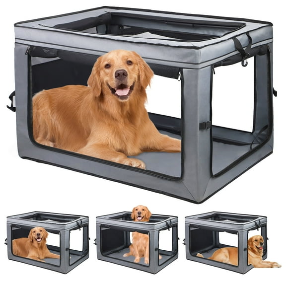 Meghna Collapsible Dog Crate 36 inch Portable Travel Crate 4 Door Foldable Pet Kennel with Durable Mesh Windows Gray