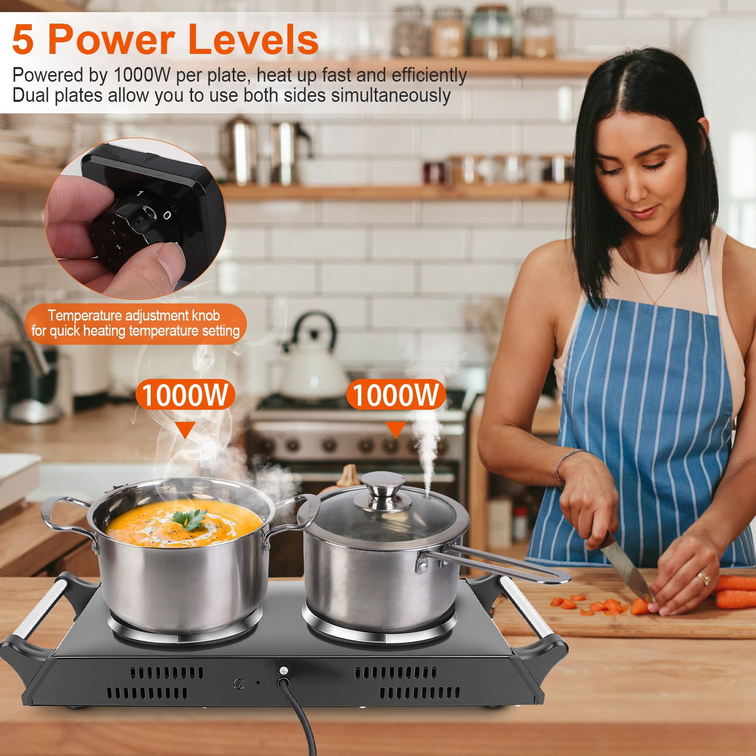 2000W Dual Burner Electric Hot Plate 21.26in 5Temperature Levels 392-932F 110V Black Quick Iron Portable Countertop Stove Coil Heating Flat Cookware Compatible Dorms RVs Apartment Easy Clean Cooking