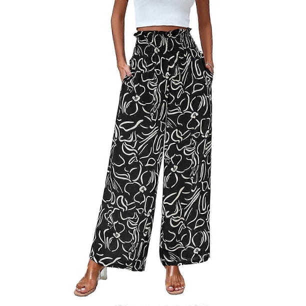 Women Floral Print Palazzo Pants Summer Bohemian Wide Leg Pants High Waist Casual Lounge Pant Trousers with Pockets Yellow XL
