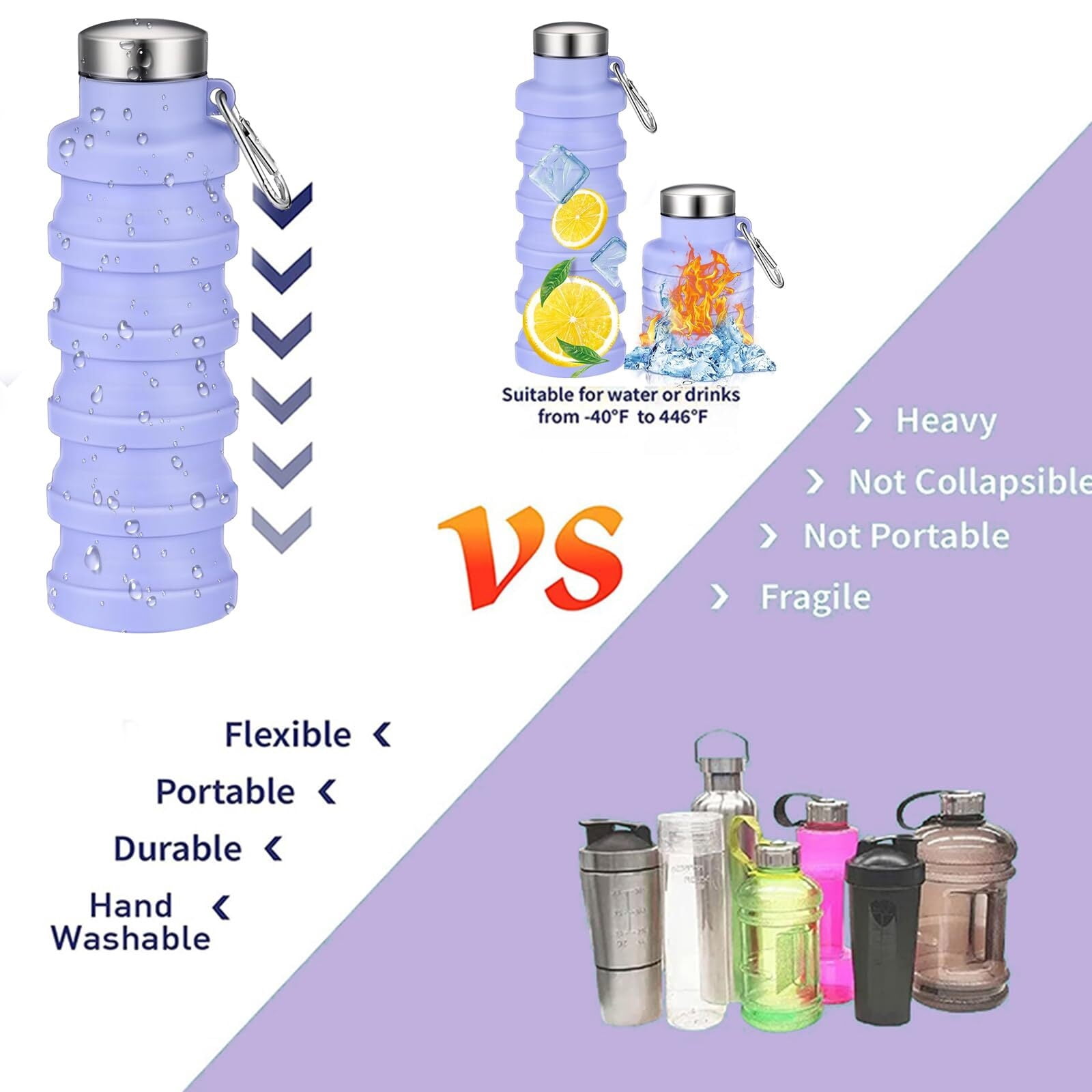 Collapsible Water Bottle,4 Pcs BPA Free Reuseable Silicone Foldable Leakproof 16oz Water Bottles,Portable Lightweight Water Bottles with Carabiner for Travel Gym Camping,Hiking Outdoor Indoor Sports