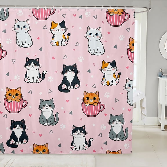 Manfei Kawaii Teacup Cat Shower Curtain 72Wx72L, Triangle Abstract Bathroom Curtain, Pink