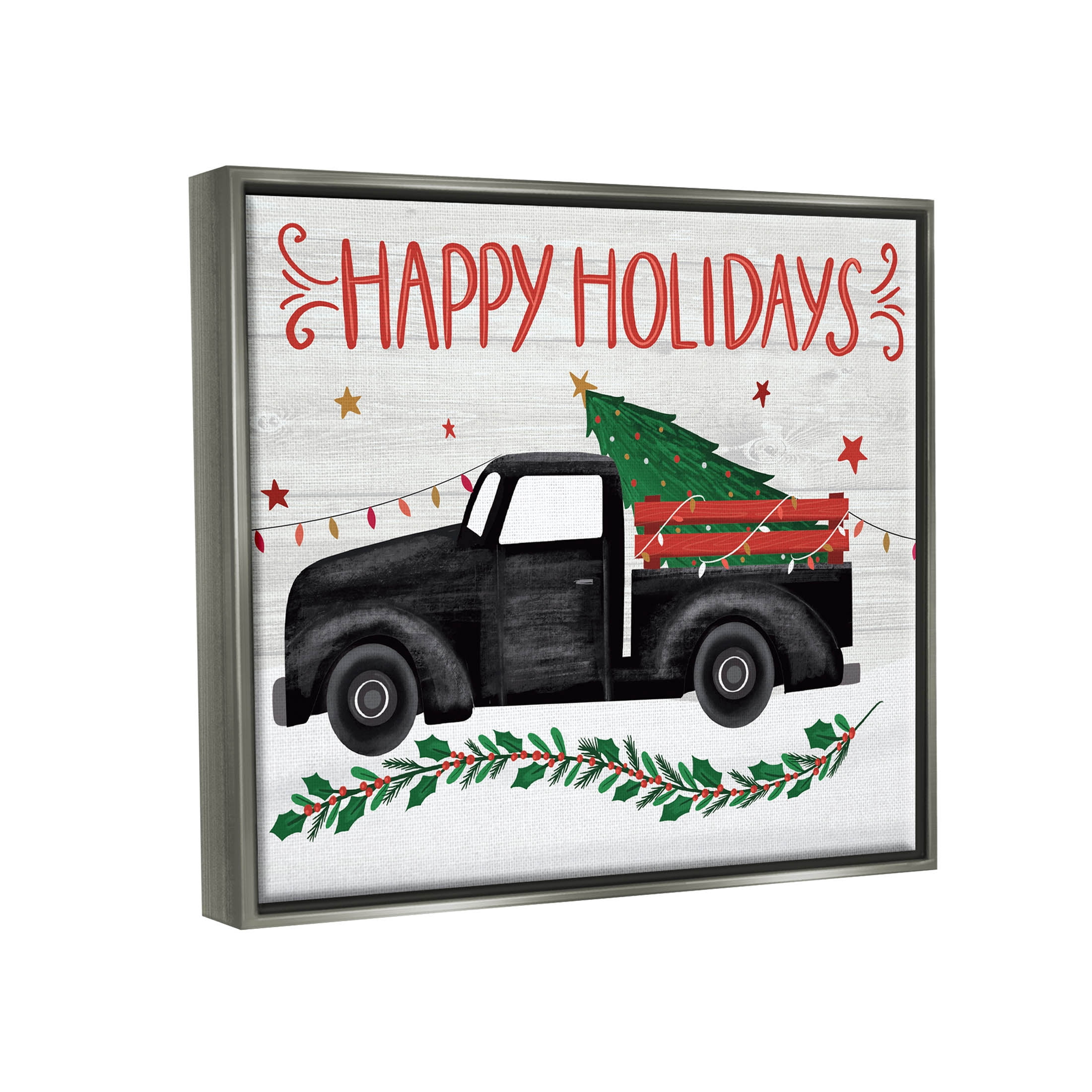 Happy Holidays Christmas Tree Truck Holiday Graphic Art Luster Gray Framed Art Print Wall Art