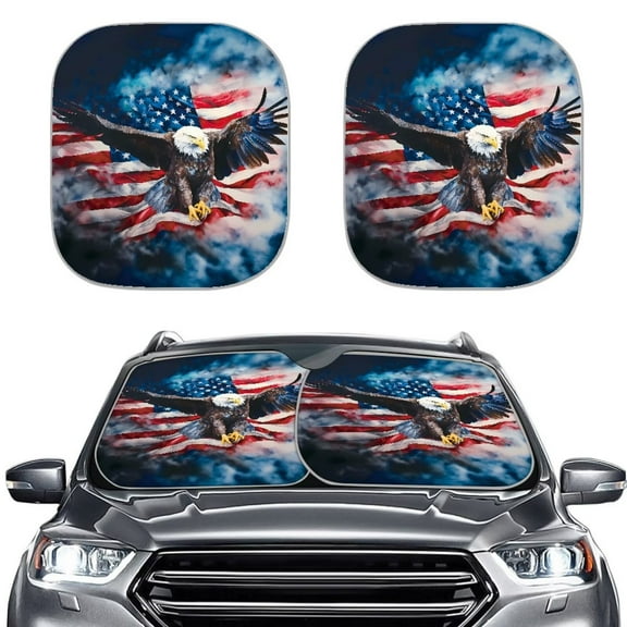 Garronmavis American Flag Eagle Full Set of 2 Car Sun Shade Car Front Window Sunshades Universal Foldable Car Visor Sunlight Protector