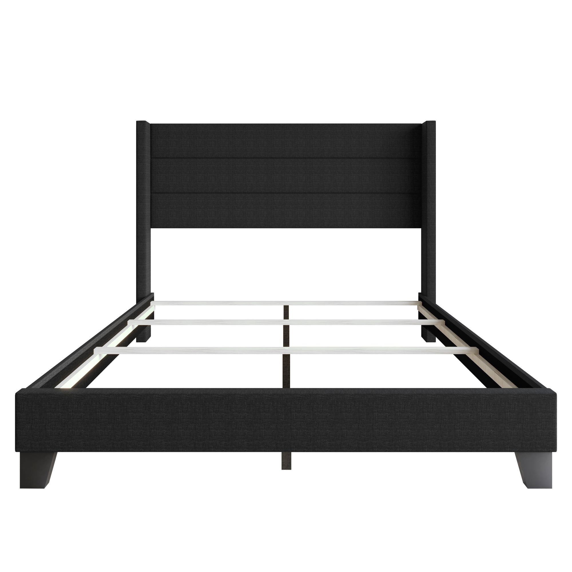 Home Design Niles King Upholstered Panel Bed Frame with Wingback Headboard and Foam-Padded Support, Black, Easy Assembly
