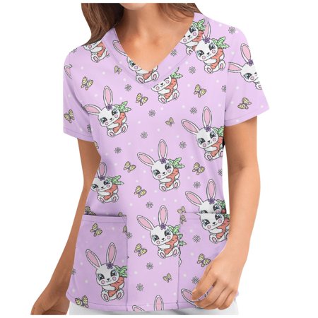 

S LUKKC LUKKC 50% off Easter! Women s Scrubs Top with Pocket V-Neck Bunny Printed Casual Short Sleeve Working Uniform Top Nurses Tunic Uniform Clinic Carer Protective Shirt