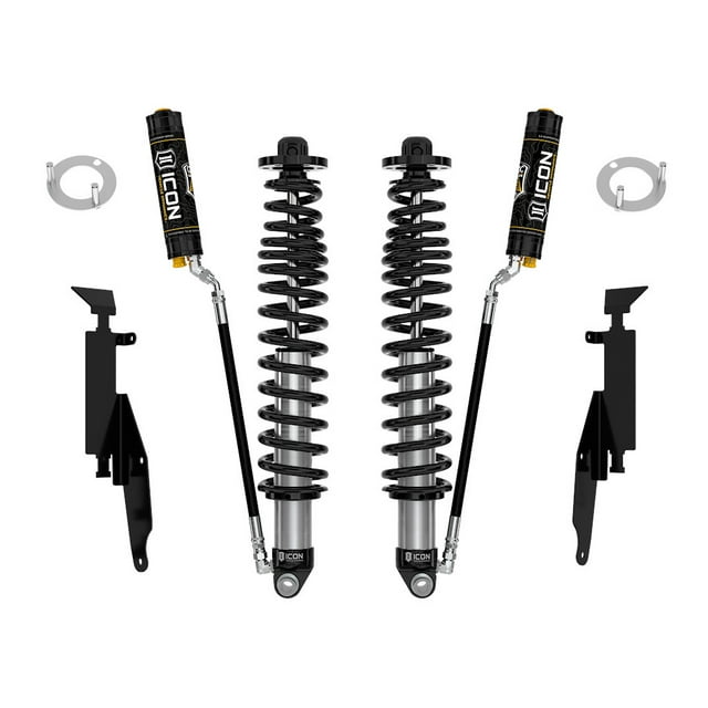 Icon Vehicle Dynamics Coil Over Shock Absorber 48711C 2.5 Series; Adjustable Valving; 1-1/4 To 3 Inch Lift; With Pigtail Coil Spring; Black/Silver; With Remote Reservoir; Set Of 2; With Brackets