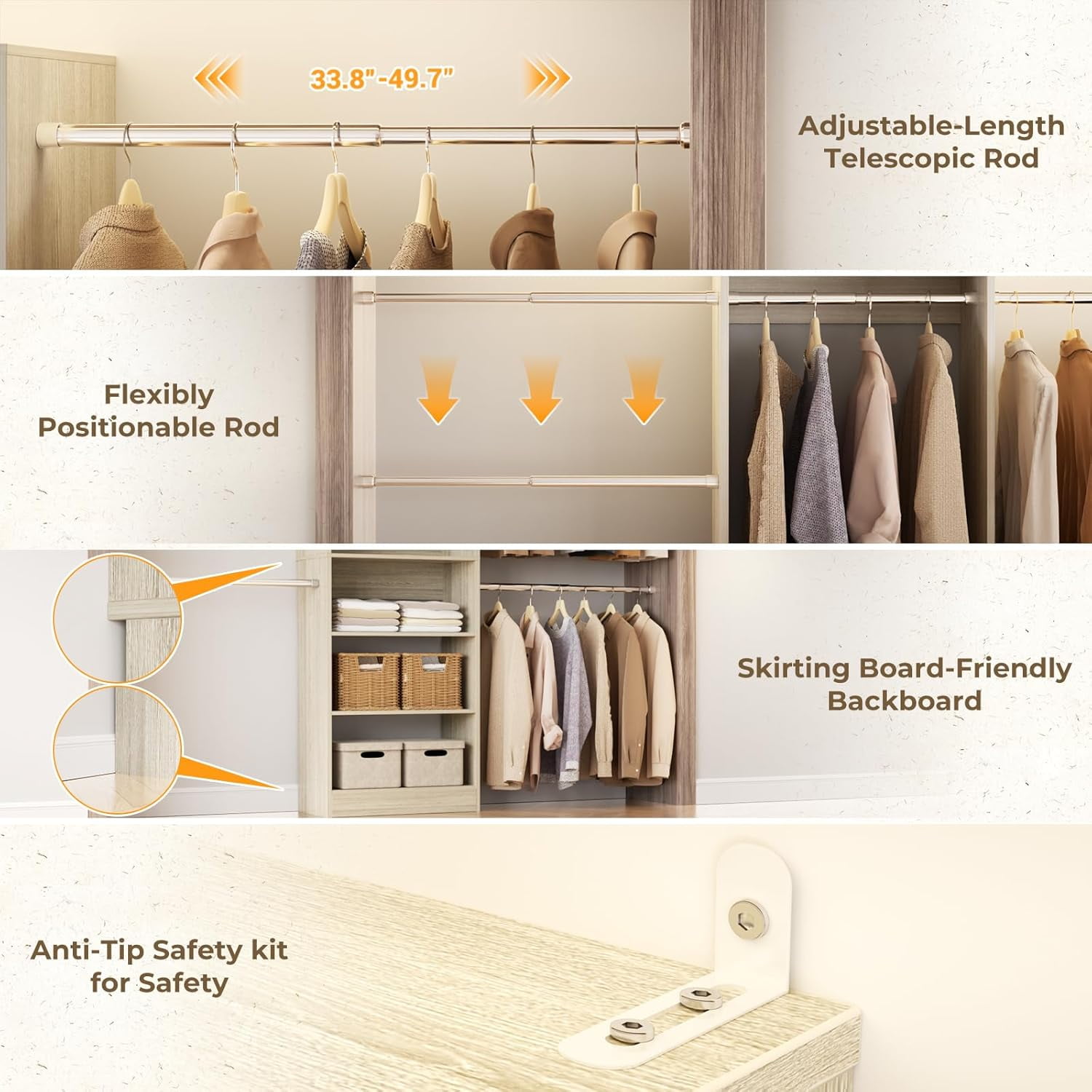 Homieasy 20.5 - 120'' W Closet System with Hanging Rods(Cut to Fit), White Oak