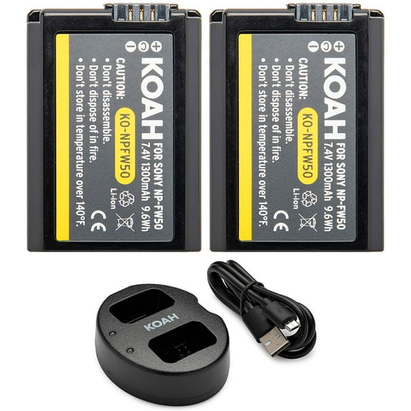 Koah PRO 2-Pack 1300mAh Rechargable Battery and Dual Charger for Sony NP-FW50, Black