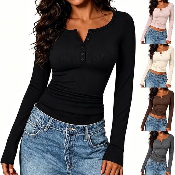 Umfun Tops for Women Ribbed Knit Henley Top Long Sleeve Notch Neck Casual Blouse Slim Fit Button Front Basic Tunic Shirt for Fall Winter Daily Wear