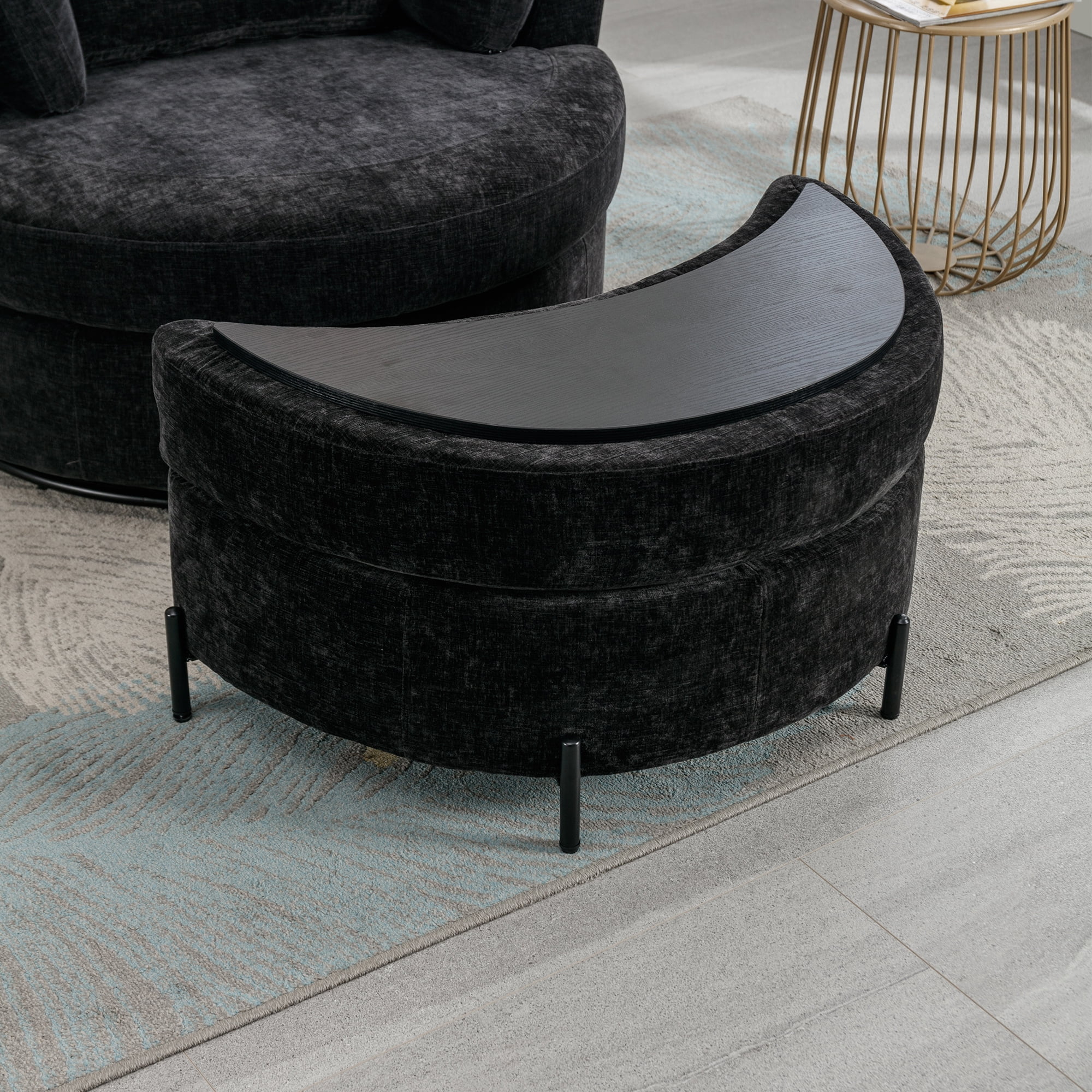 Aukfa 33" Storage Ottoman, Convertible Bench, Side Table for Living Room, Half Moon Shape, Black